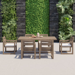 7 Pieces Modern Outdoor Dining Set with Rectangle Teak Wood Table and Chair in Natural Natural