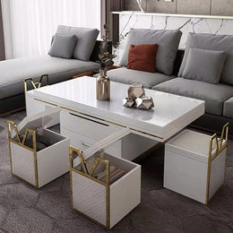 White Modern Lift Top Coffee Table Set with Storage & Stools Extendable Accent Table White