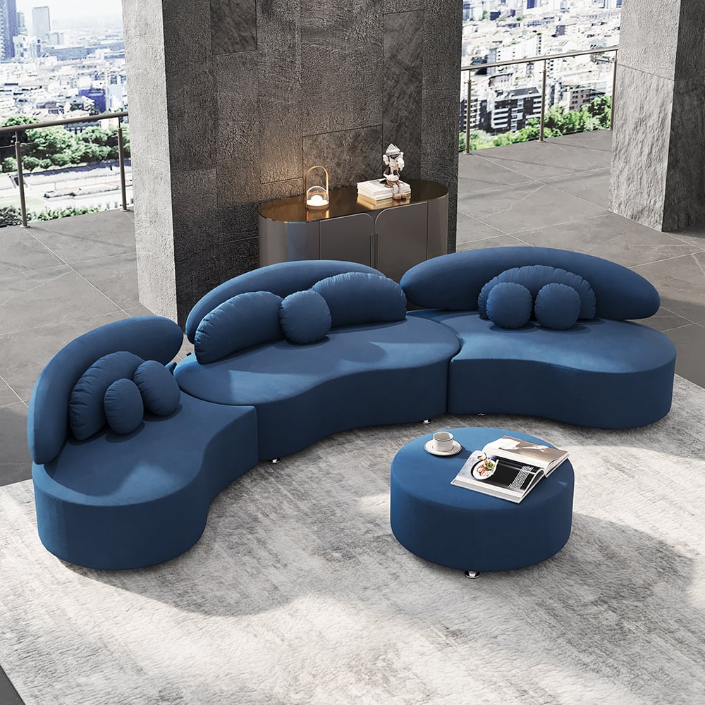 Modern Curved Sectional Modular Sofa Velvet Upholstery for Living Room Blue