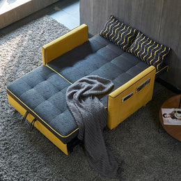 Modern 2 Seat Convertible Sofa Bed Full Sleeper Cotton & Linen Upholstery Yellow & Black