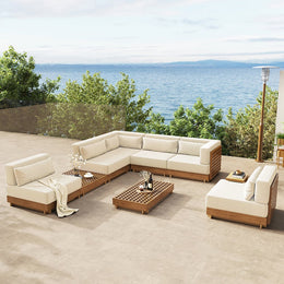 9 Pieces Teak Modular Outdoor Patio Sectional Sofa Set with Coffee Table and Cushion Beige