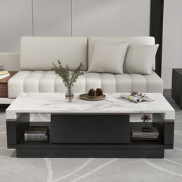 Modern Marble Coffee Table Black & White with Storage & Drawers in Wood White