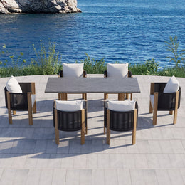 7 Pieces Modern Outdoor Dining Set with Rectangle Table and Woven Rope Chair in Gray Natural & Gray