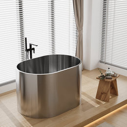 Oval Deep Freestanding Japanese Stainless Steel Soaking Bathtub Brushed