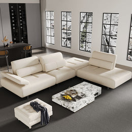 White Leather Lounge Deep Seat Sectional Sofa with Adjustable Armrest & Backrest White