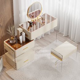 White Floating Extendable Makeup Vanity Set Acrylic with Removable Mirror & Stool Off-White