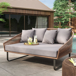 63" Rattan Outdoor Daybed with Gray Cushion Pillow Aluminum Frame Khaki