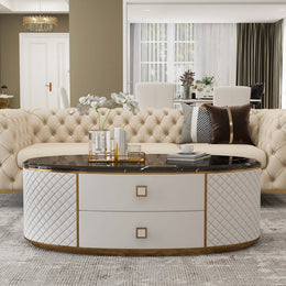 Orand White Oval Sintered Stone Top Coffee Table with 2 Drawers White & Black