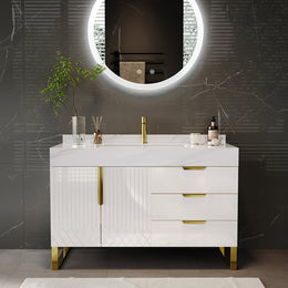 Aro White Freestanding Single Sink Bathroom Vanity Drawers Doors Faux Marble Top 35.4"W x 19.6"D x 31.4"H