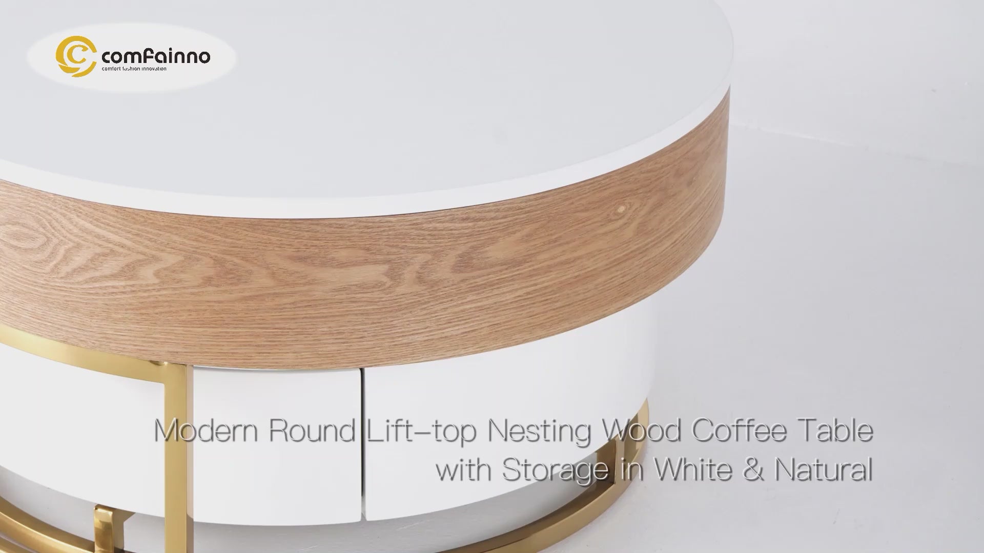 Nesnesis Modern Round Sintered Stone Nesting Wood Coffee Table with Drawers White & Natural