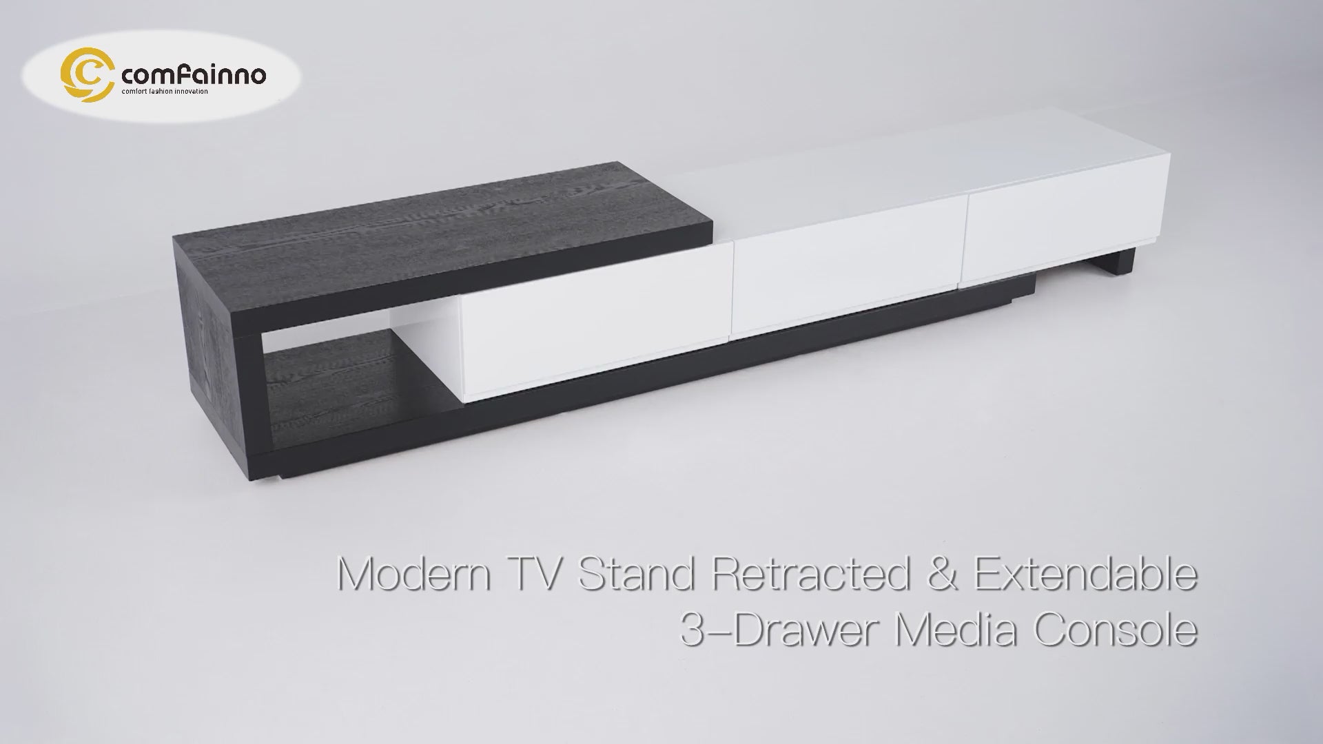 Quoint Modern TV Stand Retracted & Extendable 3-Drawer Media Console White & Black